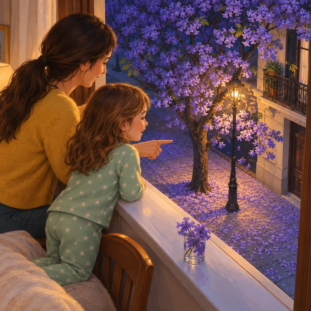 A la noche, después del baño, Juana se puso el piyama y se asomó otra vez. Abajo, la luz del farol iluminaba el árbol. Las flores seguían cayendo, sin hacer ruido, y la vereda se h