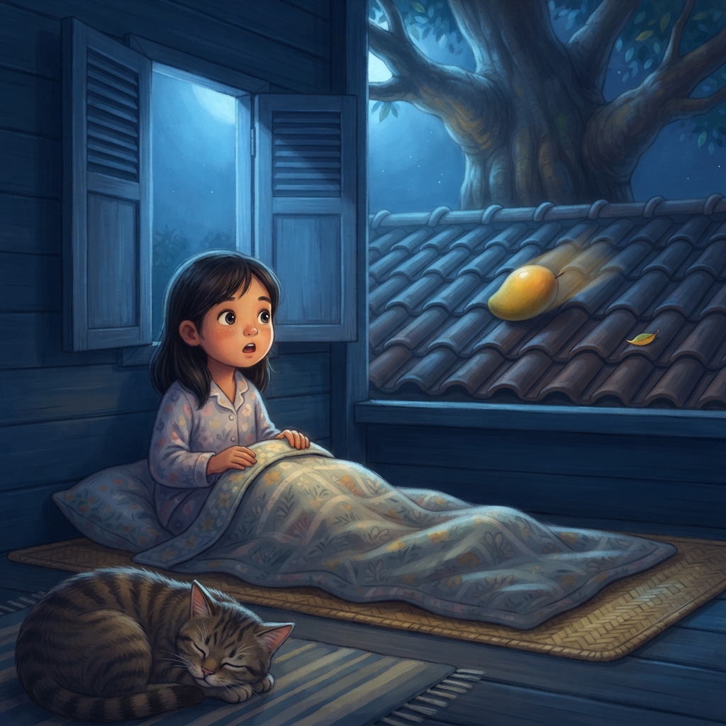 Duk! Satu mangga jatuh di atap rumah biru. Mira membuka mata. Kucing di tikar mengangkat telinga. Lalu terdengar lagi—duk... duk!