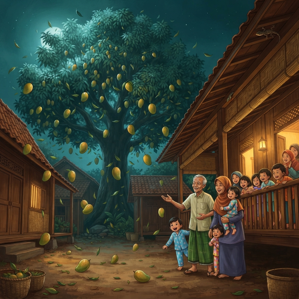 Tiba-tiba—DUK DUK DUK DUK! Mangga berjatuhan seperti genderang hijau dan kuning. Semua orang mengintip dari beranda. “Ditunggu dulu,” kata orang-orang dewasa. “Biar aman.”