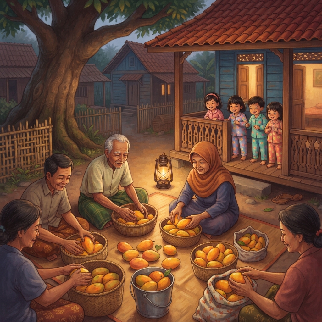 Mangga besar masuk ke bakul Bu Sari. Mangga kecil masuk ke ember Pak Hasan. Lalu semuanya dibagi lagi. “Satu untuk rumah ini. Satu untuk rumah itu.” Tak ada keranjang yang pulang k