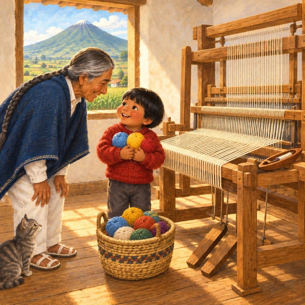 A la mañana siguiente, el abuelito llevó a Inti a su telar: un marco grande de madera con muchos hilos largos, estirados como cuerdas de guitarra. —Vamos a tejer una cobija nueva, 