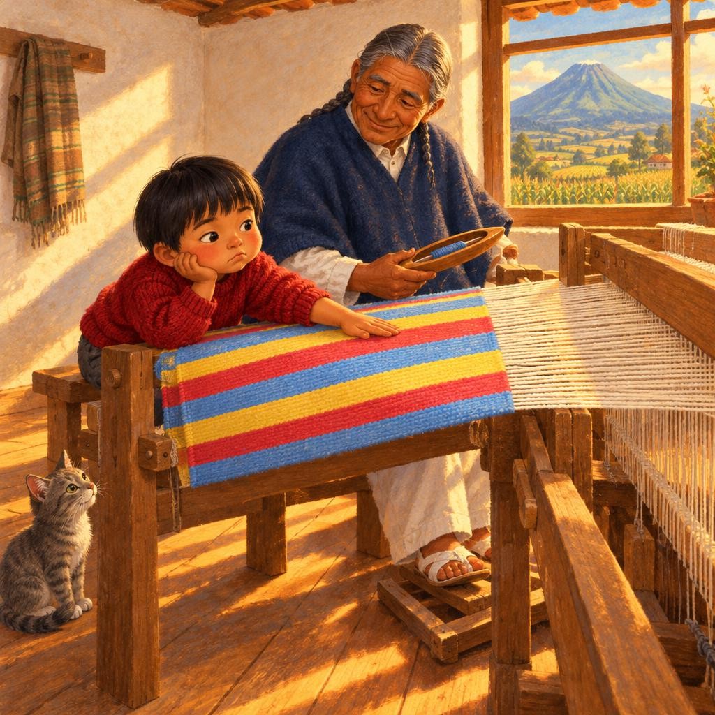 Cada tarde, la tela de colores crecía un poquito en el telar. Primero fue del largo de la mano de Inti. Después, del largo de su brazo. —¿Ya está, abuelito? —preguntaba Inti, suspi
