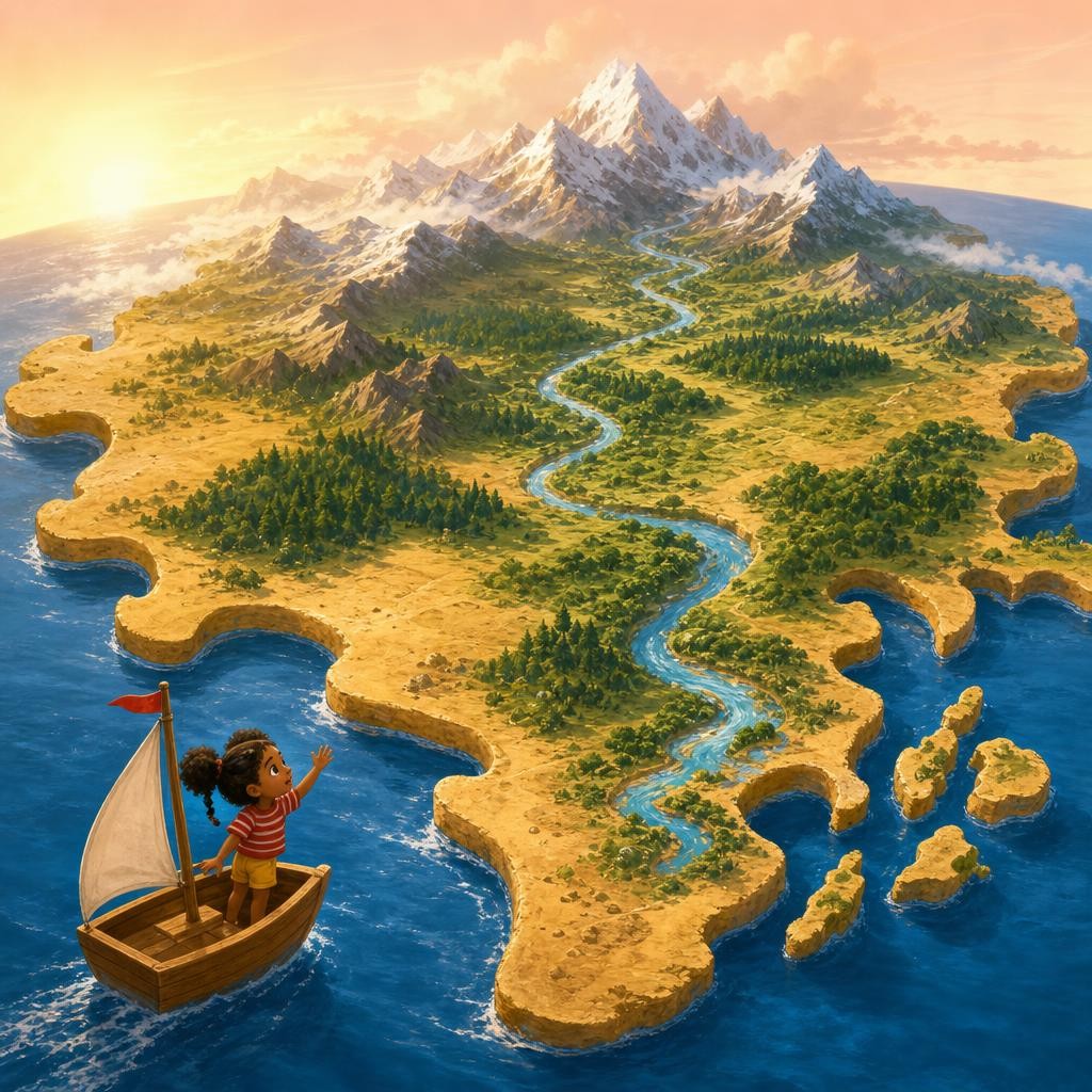 The Biggest Piece illustration for The Big Blue Puzzle: Seven Land Pieces of Our World