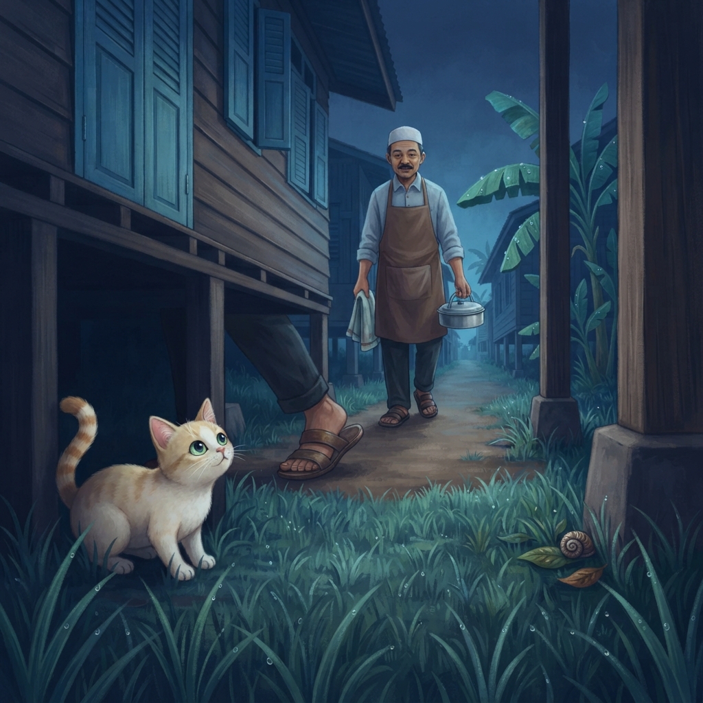 Kampung masih tidur. Daun pisang diam. Tingkap masih gelap. Pak Din berjalan ke gerainya—tap, tap, tap. Di bawah sebuah rumah, dua mata hijau terbuka.