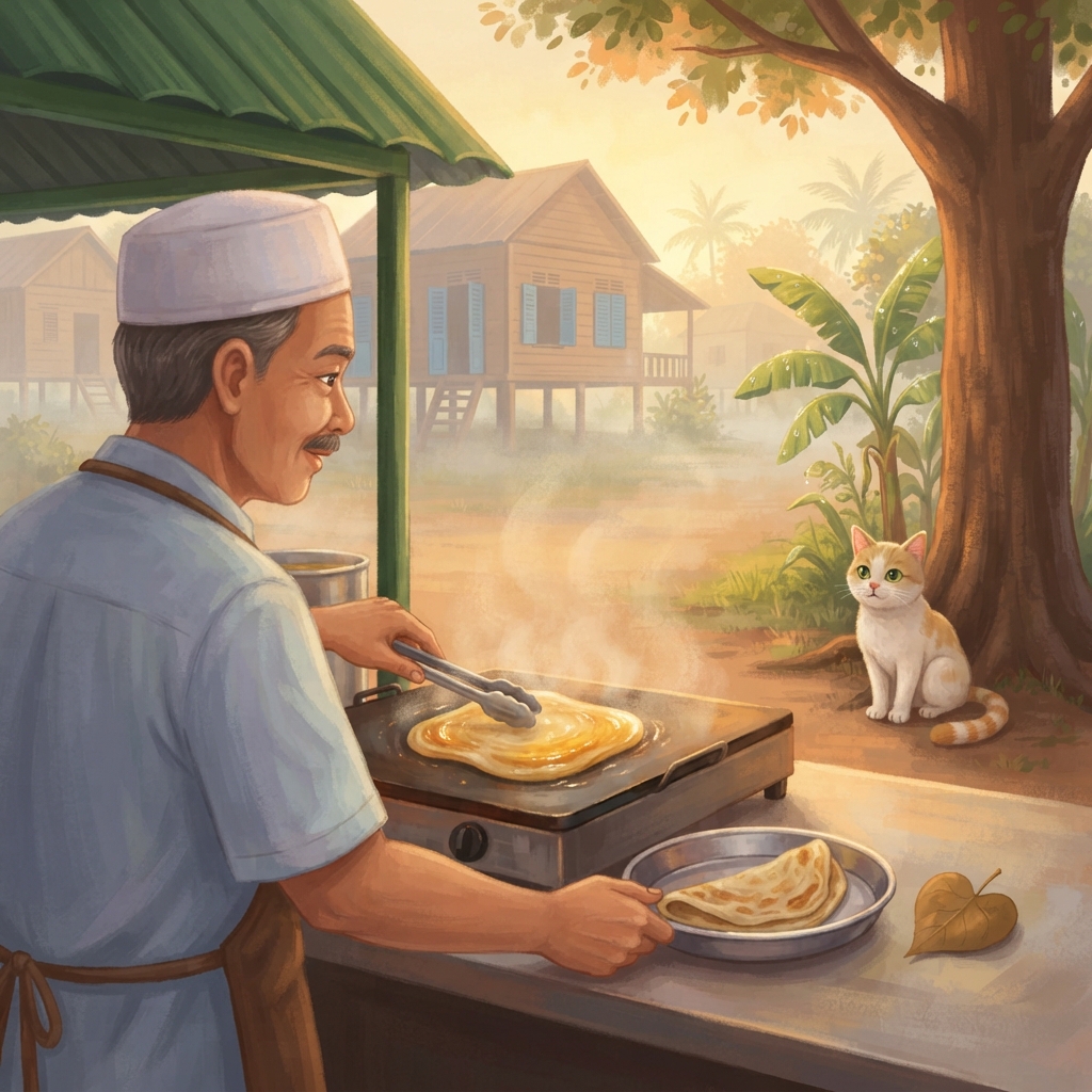 Pak Din menebar doh—pap! Doh nipis berpusing, lalu dilipat kemas. Di atas kuali leper, roti berbunyi, “Cessss!” Si kucing tidak bergerak. Tetapi misainya ke depan.