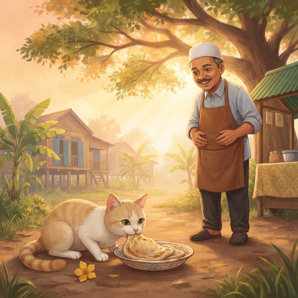 Pak Din mengoyak satu penjuru kecil roti kosong. Dia menyejukkannya sebentar, lalu meletakkannya di dalam piring rendah. “Ini untuk kamu.” Si kucing makan perlahan. Matahari naik. 