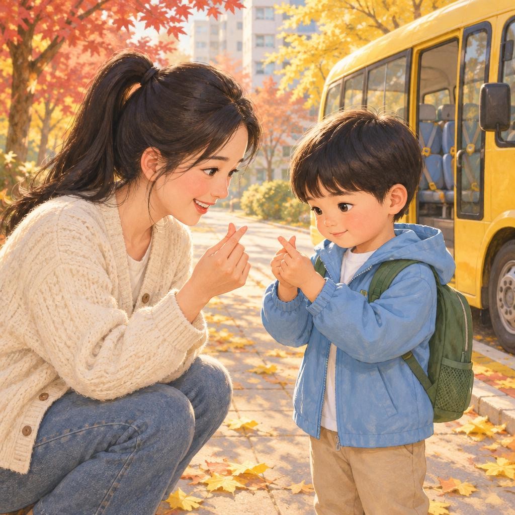 엄마가 은우 앞에 쪼그려 앉았어요. “떨리는구나. 그럼 우리 비밀 약속 하나 할까?” 엄마가 엄지와 검지를 살짝 엇갈려 작은 하트를 만들었어요. “버스 창문으로 손가락 하트를 보내 줘. 엄마가 꼭 대답할게.” 은우도 손가락을 꼼지락꼼지락, 작은 하트를 만들었어요.