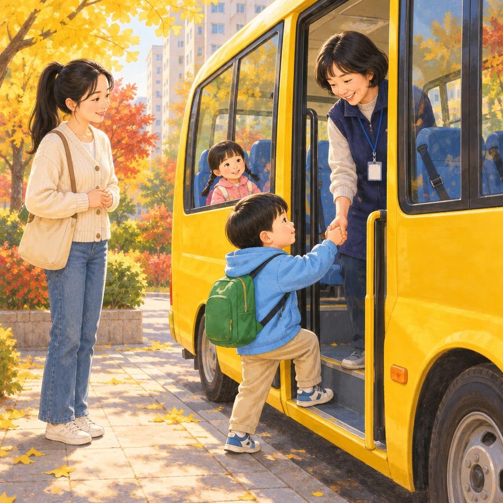 끼익, 노란 버스가 멈췄어요. 문이 열리고 선생님이 내려왔어요. “은우야, 안녕! 선생님 손 잡고 올라가자.” 은우는 선생님 손을 잡고 계단을 하나, 둘, 셋 올랐어요. 선생님이 안전벨트를 딸깍 채워 주었어요.