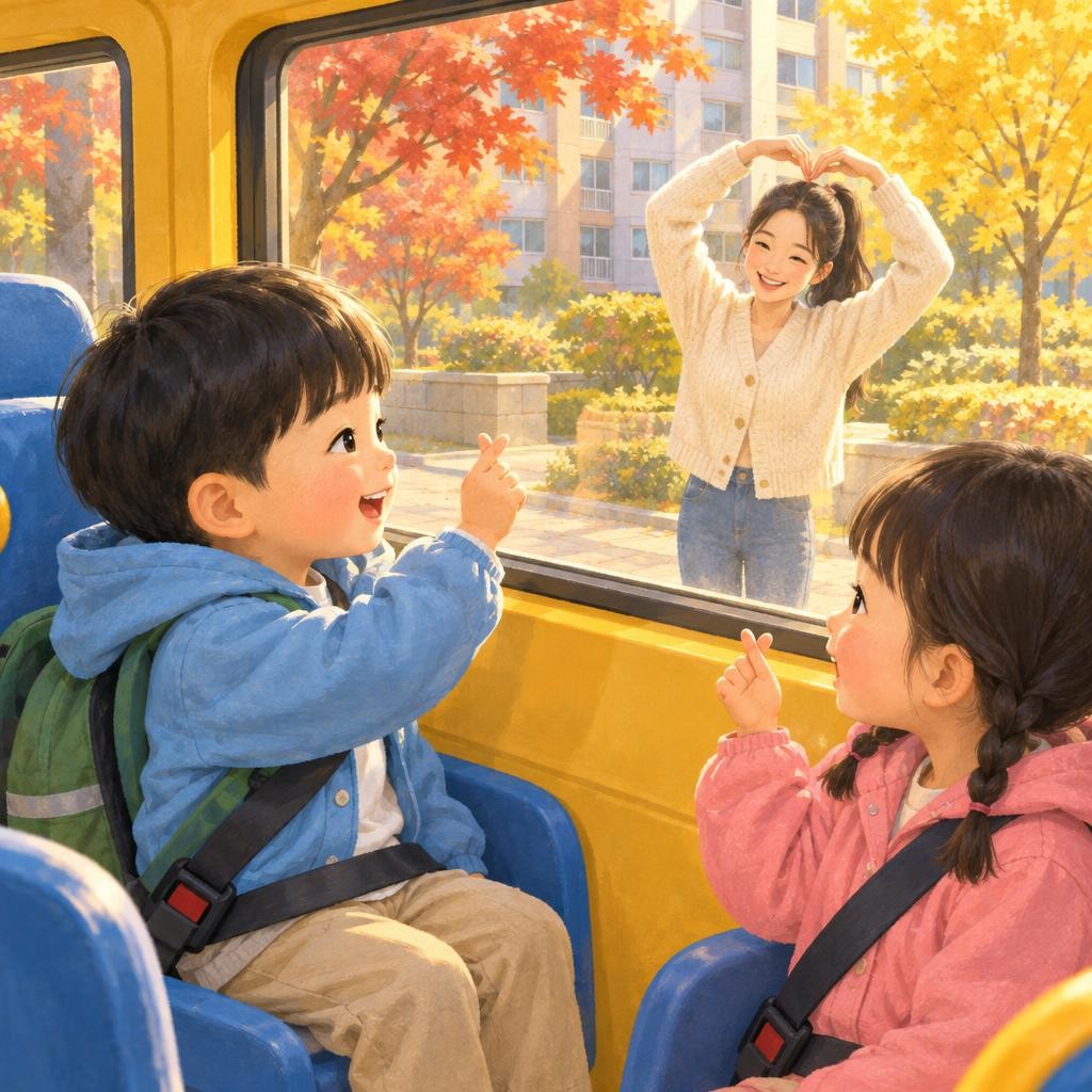 버스가 출발하기 전, 은우는 창문에 손가락 하트를 꼭 댔어요. 그러자 엄마가 두 팔을 머리 위로 올려 커다란 하트를 만들었어요! 은우가 키득키득 웃었어요. 그때 옆자리 친구가 말했어요. “나도 할 줄 알아!” 소윤이도 손가락 하트를 보여 주었어요. 콩닥거리던 배 속이 어느새 조용해졌어요.