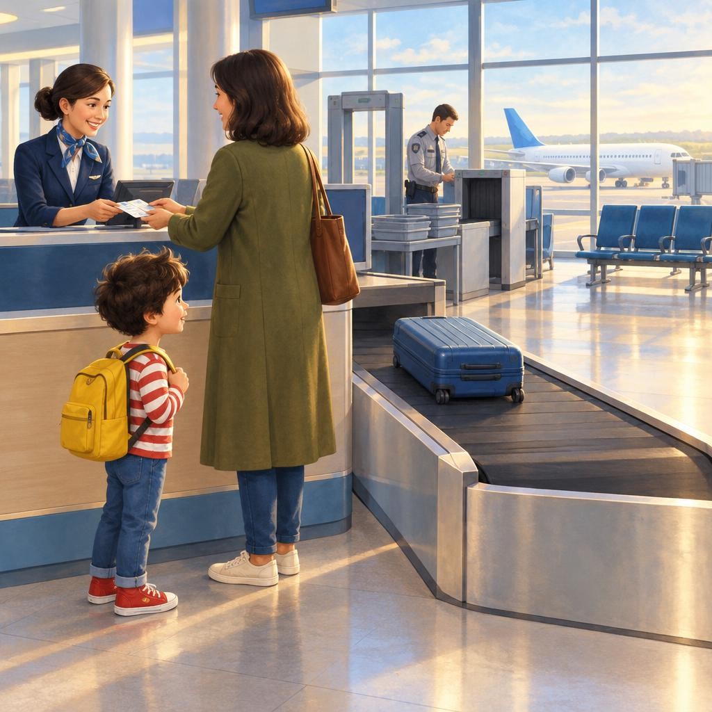 First, we go to a counter. My grown-up shows our tickets. Our big bag rides away on a moving belt. We will usually see it again after the flight.