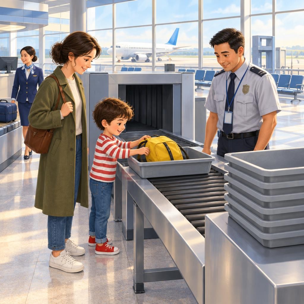 Next, we walk through security. I put my backpack in a gray tray. The security officer helps everyone. I walk through a tall doorway, one step at a time.