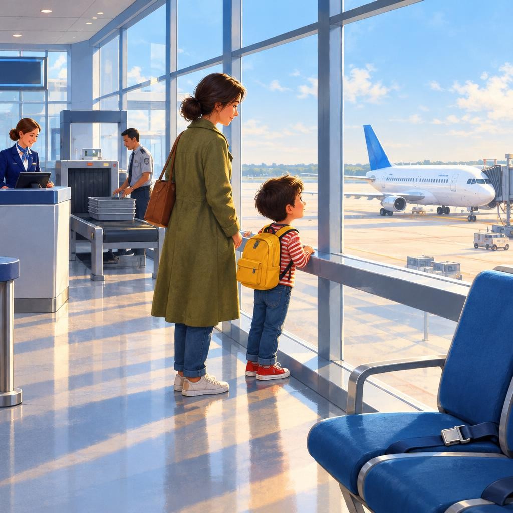 Then we wait at the gate. Big windows show the planes outside. I can see our plane. It is white with a blue tail.