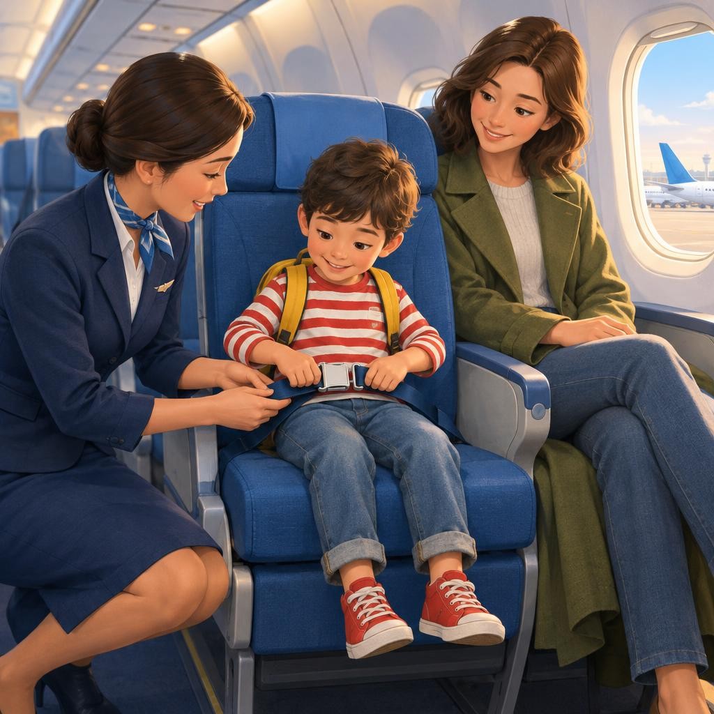Now we walk onto the plane. I find my blue seat by the window. The flight attendant shows us how to click our seatbelts. Click! My belt is snug.