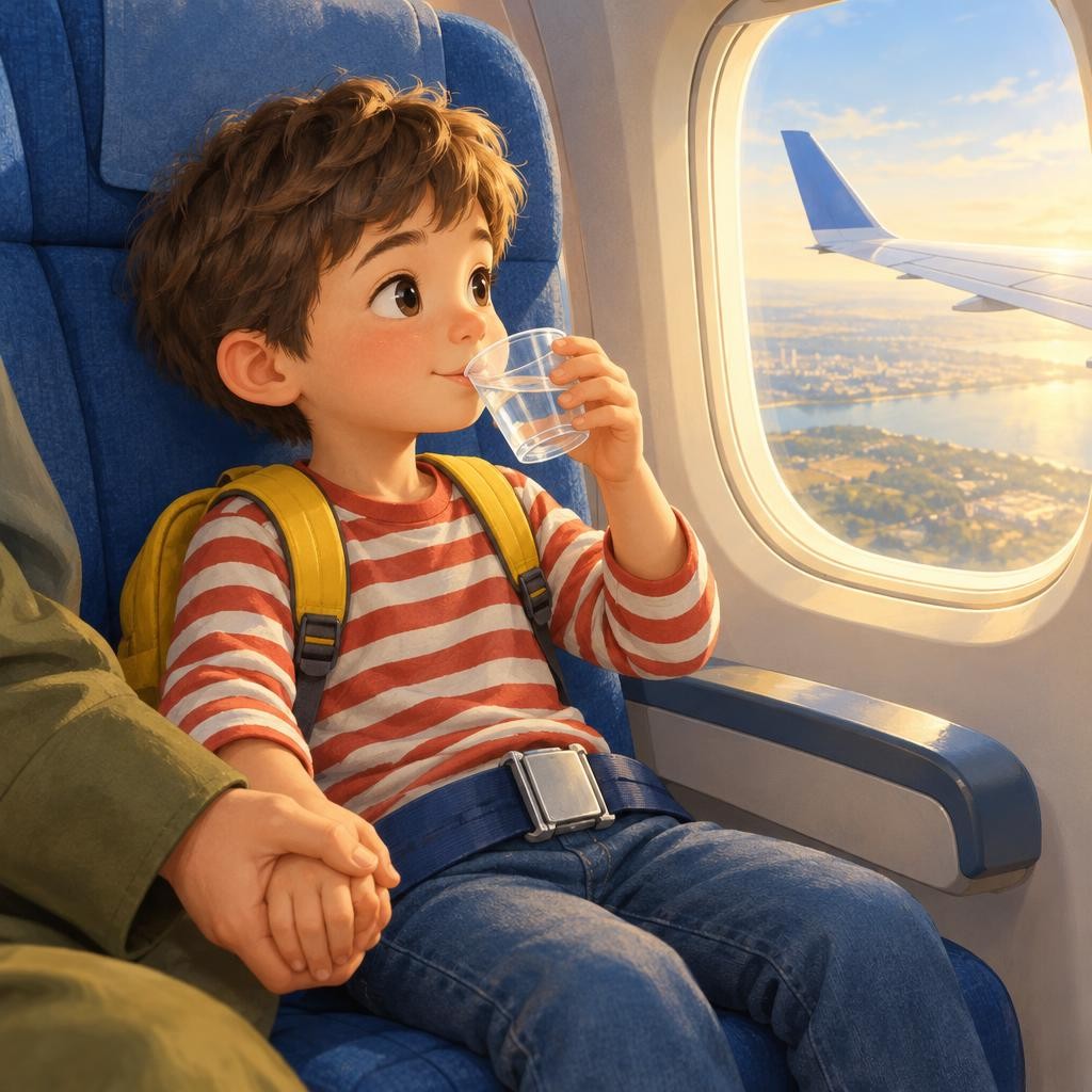 The engines get loud, and the plane goes faster and faster. Then it lifts up into the sky. Sometimes my ears feel full or funny. I can try to swallow or take a sip of water. My gro
