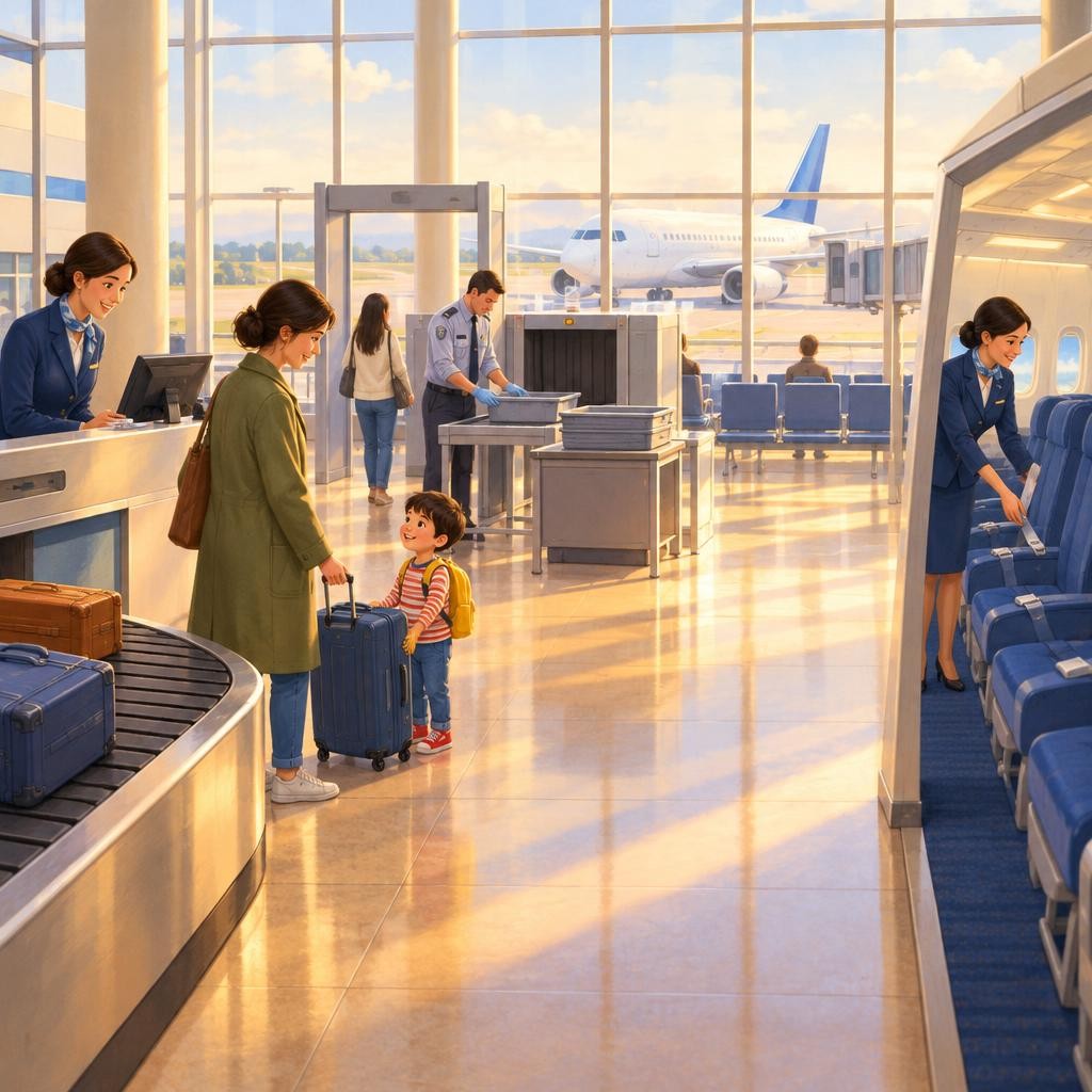 Later, the plane comes down gently. The wheels touch the ground with a bump. We get our big bag from the belt. I flew on a plane, and now I know what happens.