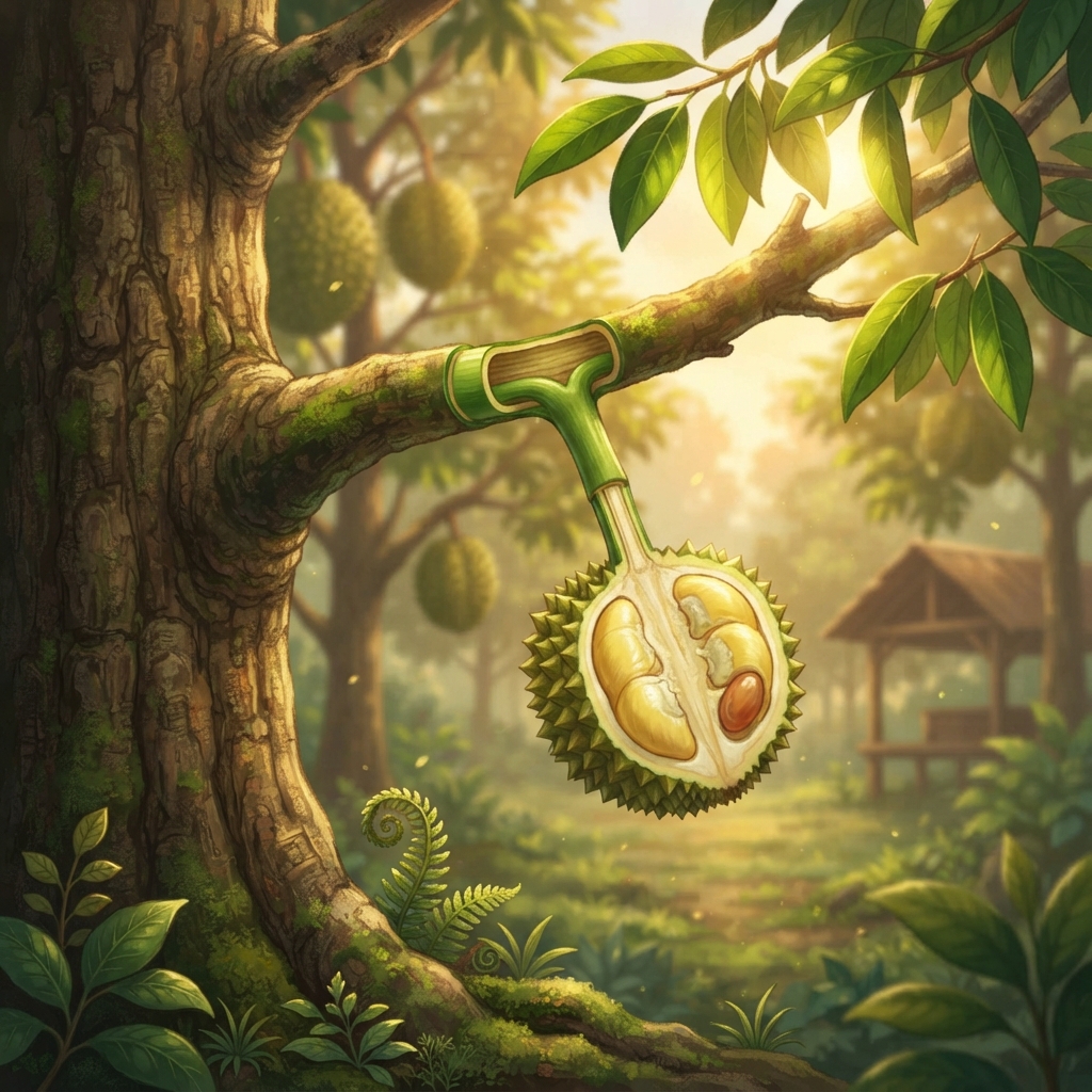 Daun membuat gula dengan bantuan cahaya matahari. Pokok menghantar air dan gula melalui tangkai kepada buah. Durian pun membesar, sementara bijinya matang di dalam.