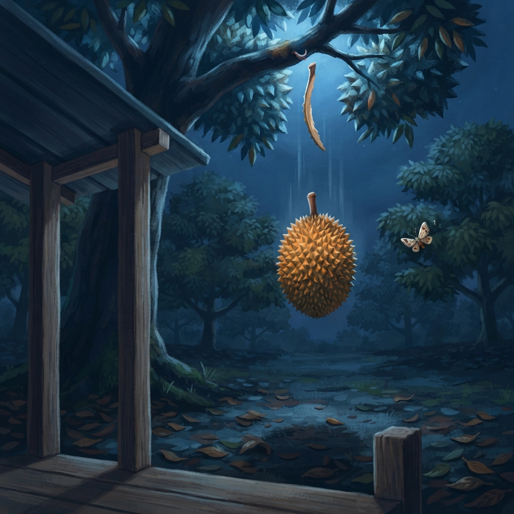Akhirnya, lapisan luruh terpisah. Tangkai tidak lagi mampu menahan buah yang berat. Graviti, tarikan Bumi yang sentiasa menarik ke bawah, membuat durian jatuh ke tanah. Gedebuk!