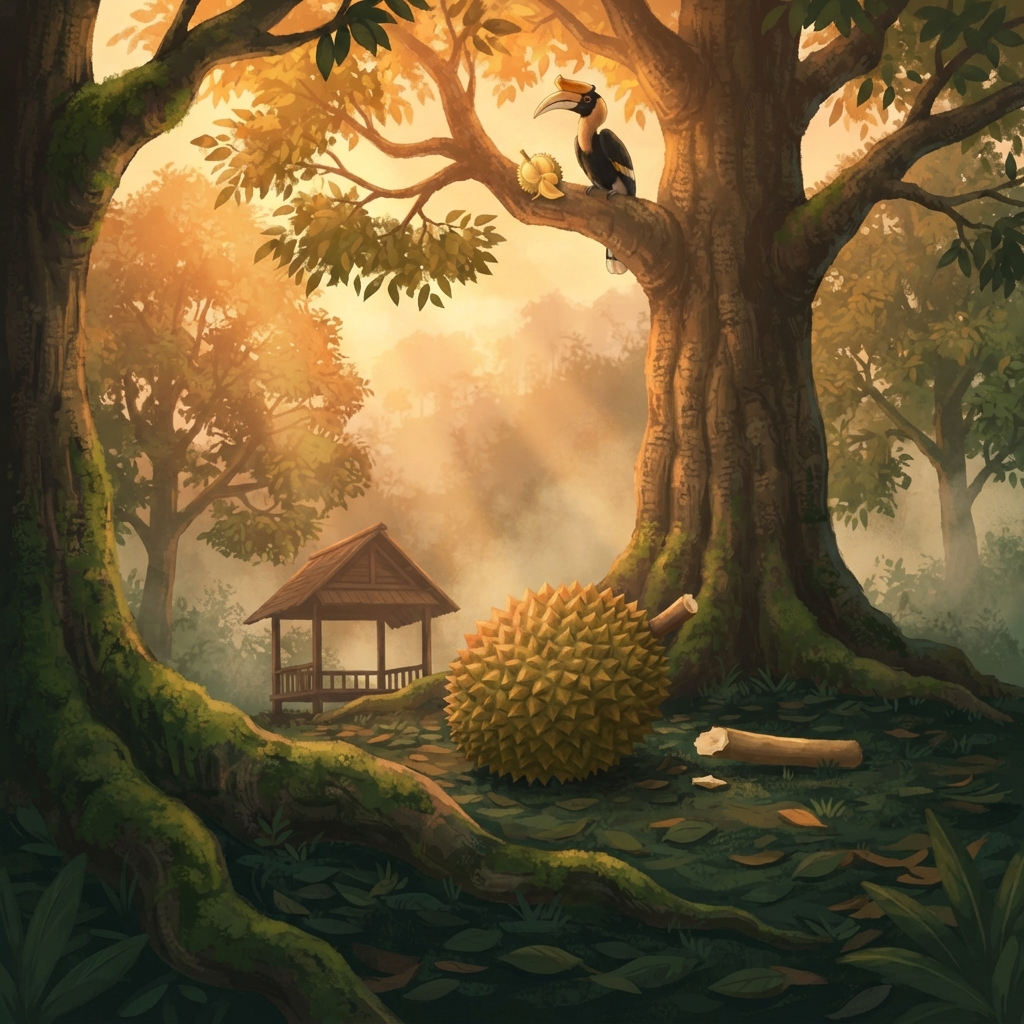 Pagi pun tiba. Durian masak terletak di tanah, dan bekas tangkainya kelihatan terpisah kemas. Kini kita tahu: pokok membesarkan buah, biji matang, tangkai melemah, lalu graviti men