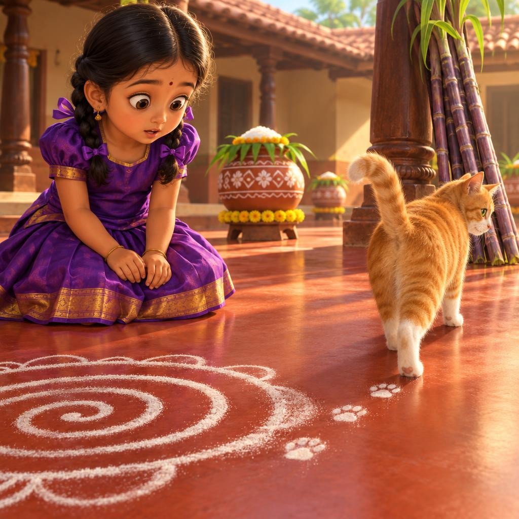 திடீரென்று செம்பட்டைப் பூனை மெதுவாக நடந்து வந்தது. மெத்தென்ற கால்களால் கோலத்தின் ஒரு மூலையை மிதித்துவிட்டது! மாவு கலைந்து, சின்னச்சின்ன கால் தடங்கள் பதிந்தன. "அச்சச்சோ..." என்று கய