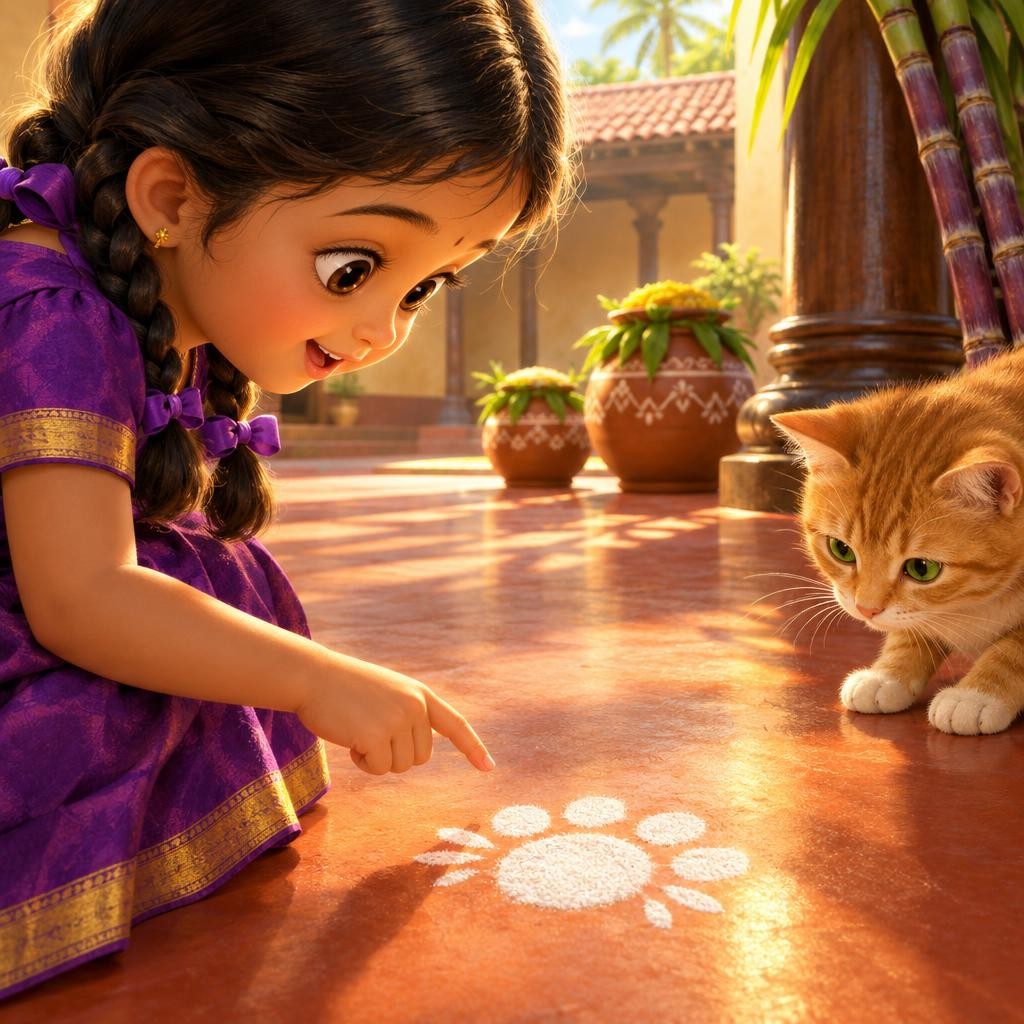 பாட்டி பூனையை விரட்டவில்லை. கயல் குனிந்து தரையை உற்றுப் பார்த்தாள். நடுவில் வட்டமான தடம், மேலே குட்டிக்குட்டி விரல் புள்ளிகள். இது பார்ப்பதற்கு எப்படி இருக்கிறது? பூவின் மொக்கு போல