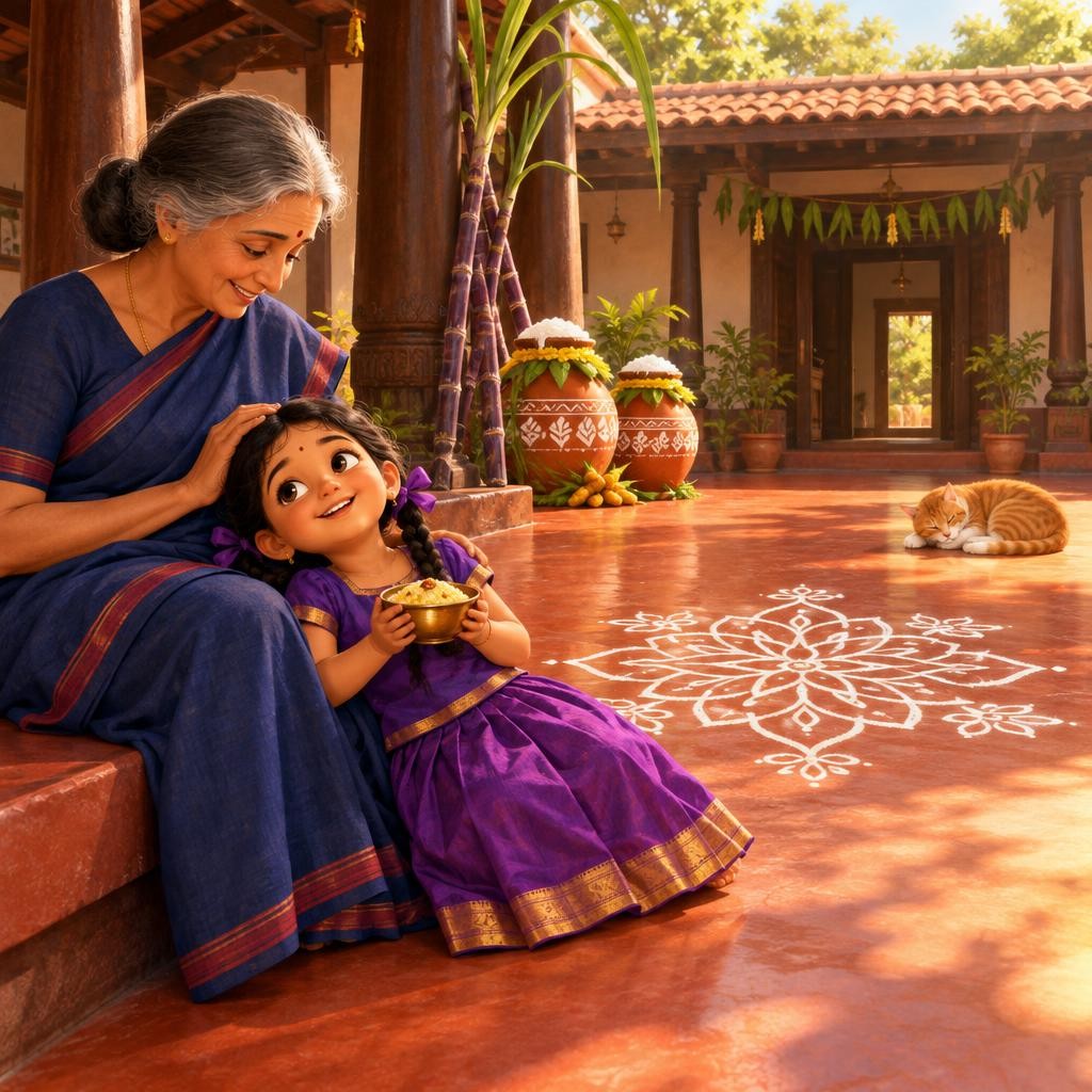 ஆறிய சர்க்கரைப் பொங்கலைச் சின்னக் கிண்ணத்தில் பாட்டி தந்தார். இனிப்பைச் சுவைத்தபடி, கயல் பாட்டியின் மடியில் சாய்ந்து அமர்ந்தாள். தூரத்தில் பூனை அமைதியாகத் தூங்கியது. தன் கைகளால் பூ