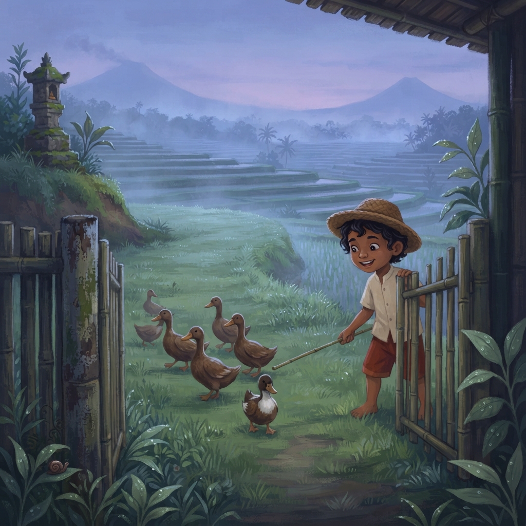Langit masih ungu ketika Made membuka pagar bambu. “Yuk, Bebek. Waktunya berjalan.” Tujuh bebek bergoyang keluar. Kwek, kwek, kwek! Embun berkilau di rumput, dan sawah menunggu mat
