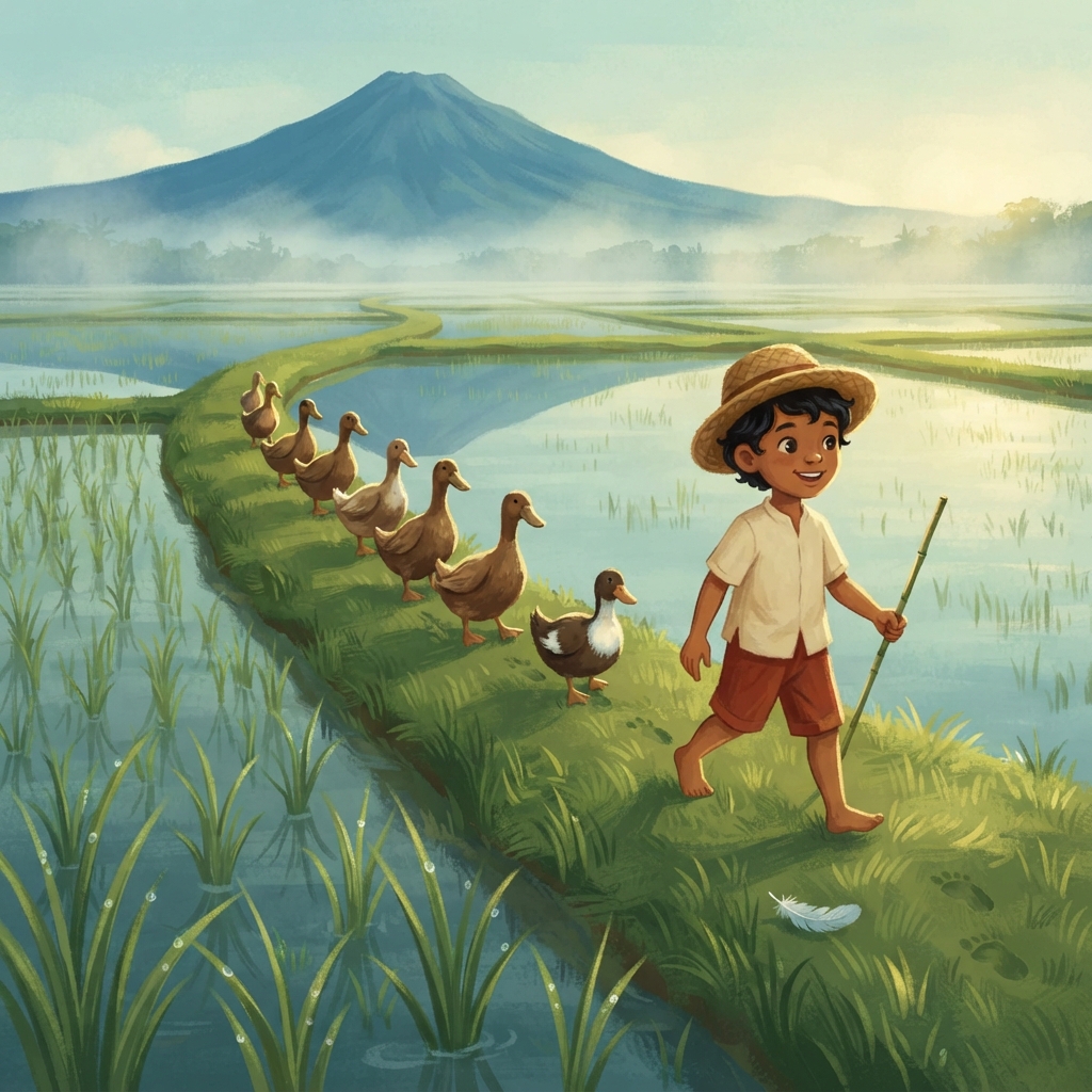 Made berjalan di depan. Bebek-bebek mengikuti di belakang. Tap, tap, tap. Plok, plok, plok. Mereka menjadi satu baris panjang di atas pematang. Bebek kecil berdada putih bergegas a