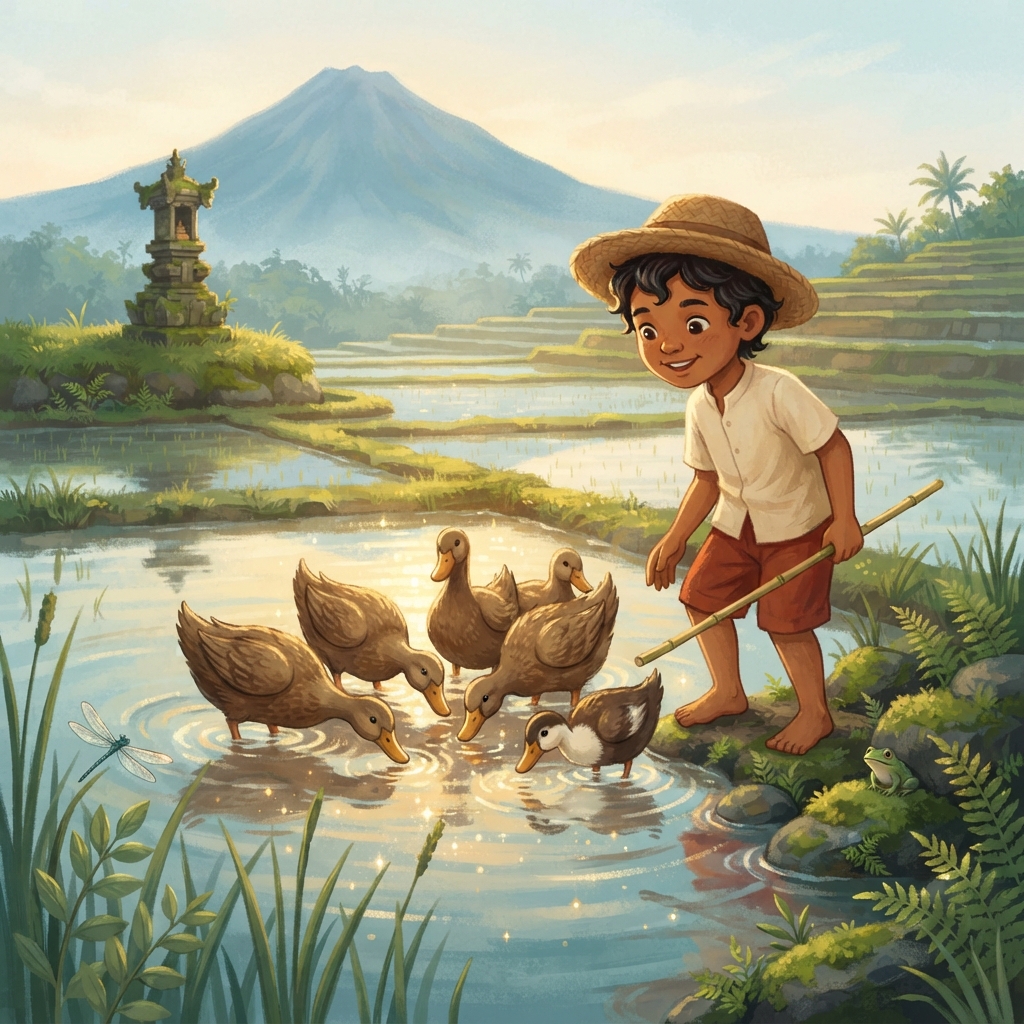 Matahari mengintip dari balik gunung. Air sawah berubah menjadi cermin emas. Seekor capung melintas. Katak kecil berbunyi, “Krok!” Made berhenti sebentar. Bebek-bebek pun berhenti—