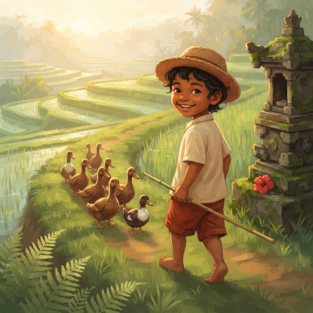 Di dekat pura batu kecil, Made berbalik. “Sudah sampai. Sekarang kita pulang.” Barisan bebek ikut berputar—yang depan menjadi belakang, yang belakang menjadi depan. Bebek kecil ber