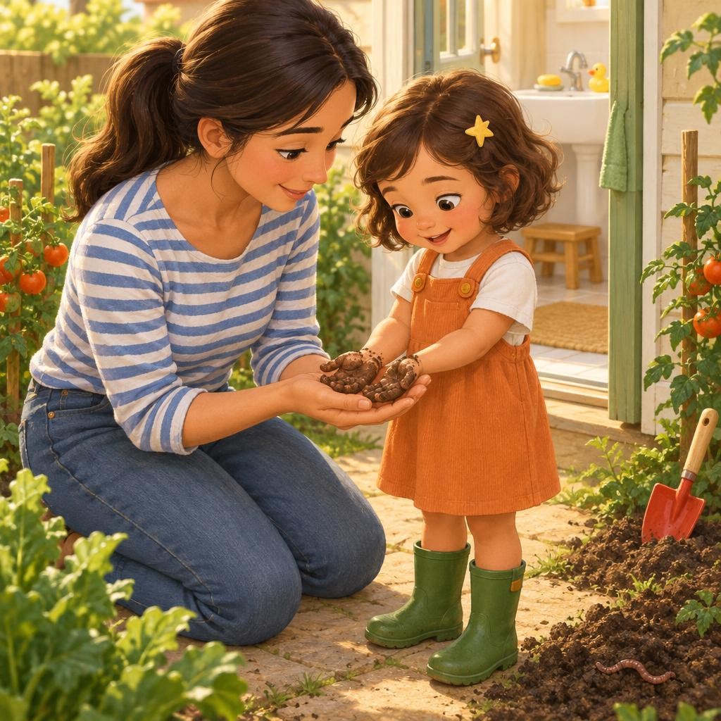 Mamá mira las manitas de Sofi. Tienen tierra. Y tienen cositas chiquititas. ¡Tan chiquitas que no se ven! Algunas nos ponen malitos. Antes de comer, ¡a lavar las manos!