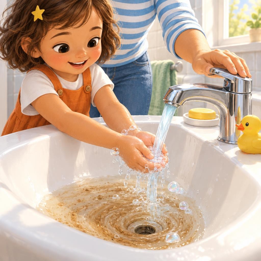 ¡Mira el agua! Sale café. Se lleva la tierra. ¿Y las cositas chiquititas? ¡El jabón las quita! ¡Manos limpias!