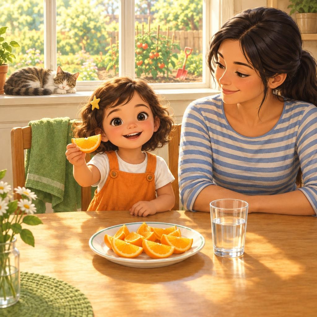 Sofi se seca con la toalla. ¡Ya puede comer naranja! Manos limpias, panza contenta. ¿Y tú? ¿Te lavas las manos antes de comer?