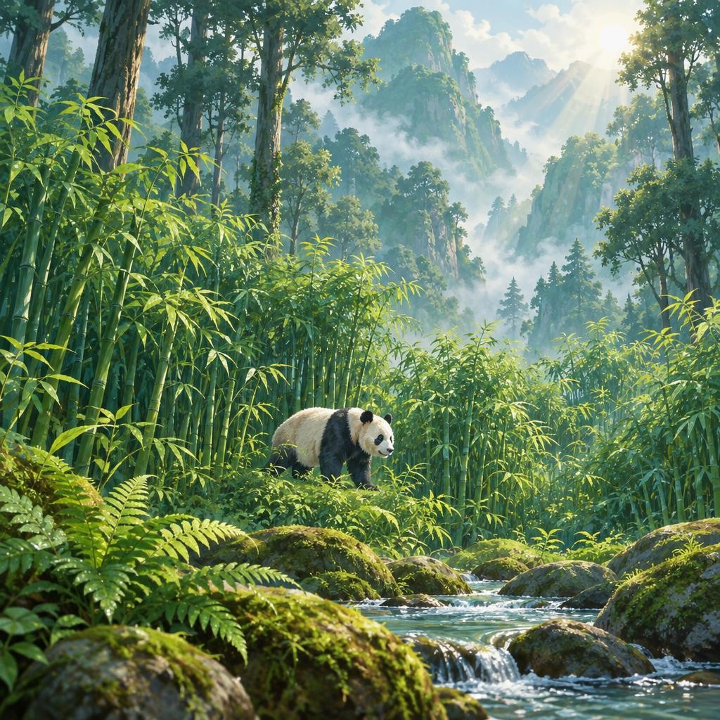 大熊猫的老家,在中国高高的大山里。山上雾蒙蒙的,大树下面长满了竹子,一丛挨着一丛,到处都是。大熊猫走到哪里,竹子就在哪里。饿了,伸手就能吃到。