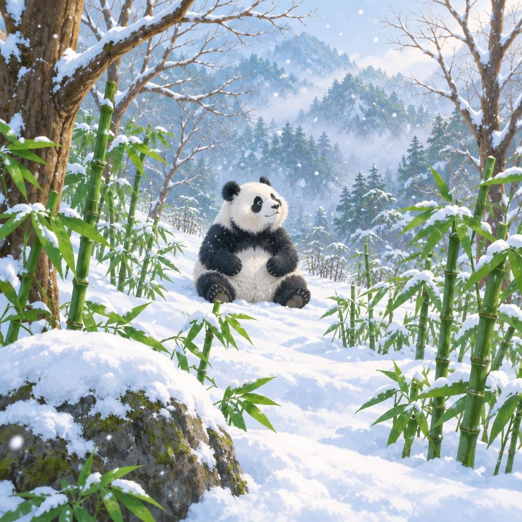 冬天下雪了。很多大树的叶子都掉光了,地上的草也被厚厚的雪盖住了。大熊猫冬天吃什么呢?看看这幅画,找一找吧!