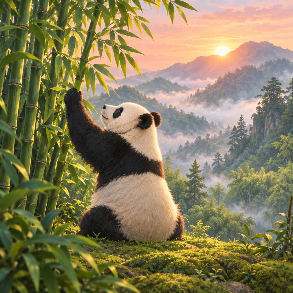 太阳刚刚升起来,大熊猫坐在一大丛竹子前面,开始吃早饭了。竹子不顶饱,大熊猫就得多吃一点。你猜一猜,大熊猫一天要花多长时间吃竹子呢?