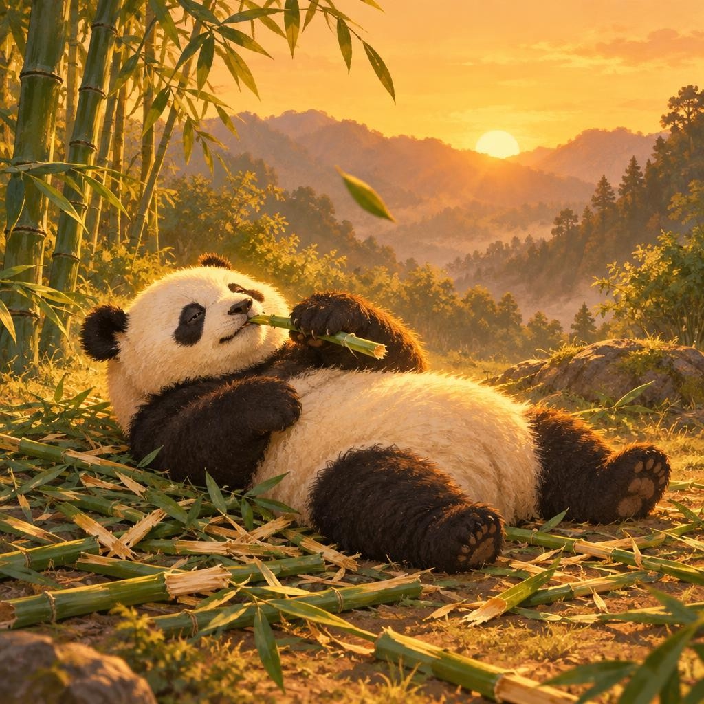 大熊猫一天里,差不多有一半的时间都在吃竹子!白天吃,夜里醒了也吃,嚼呀嚼,嚼呀嚼。你看,身边全是吃剩的竹子。吃累了,它就躺下来睡一会儿,省一点儿力气,醒了再接着吃。