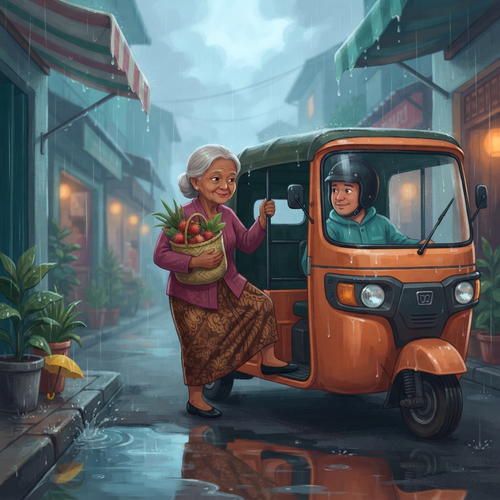 Tik, tik, tik! Hujan turun di Jakarta. Nenek memeluk tas rambutan di pangkuannya. “Ayo, kita pulang,” katanya sambil naik ke bajaj oranye.