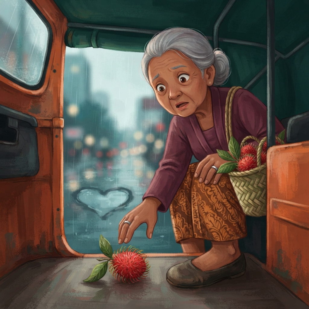 Duk! Bajaj melewati jalan yang bergelombang. Satu rambutan meloncat dari tas. Ia berguling—gelinding, gelinding—lalu berhenti tepat di dekat sepatu Nenek. “Ah, ketemu!” Nenek terta