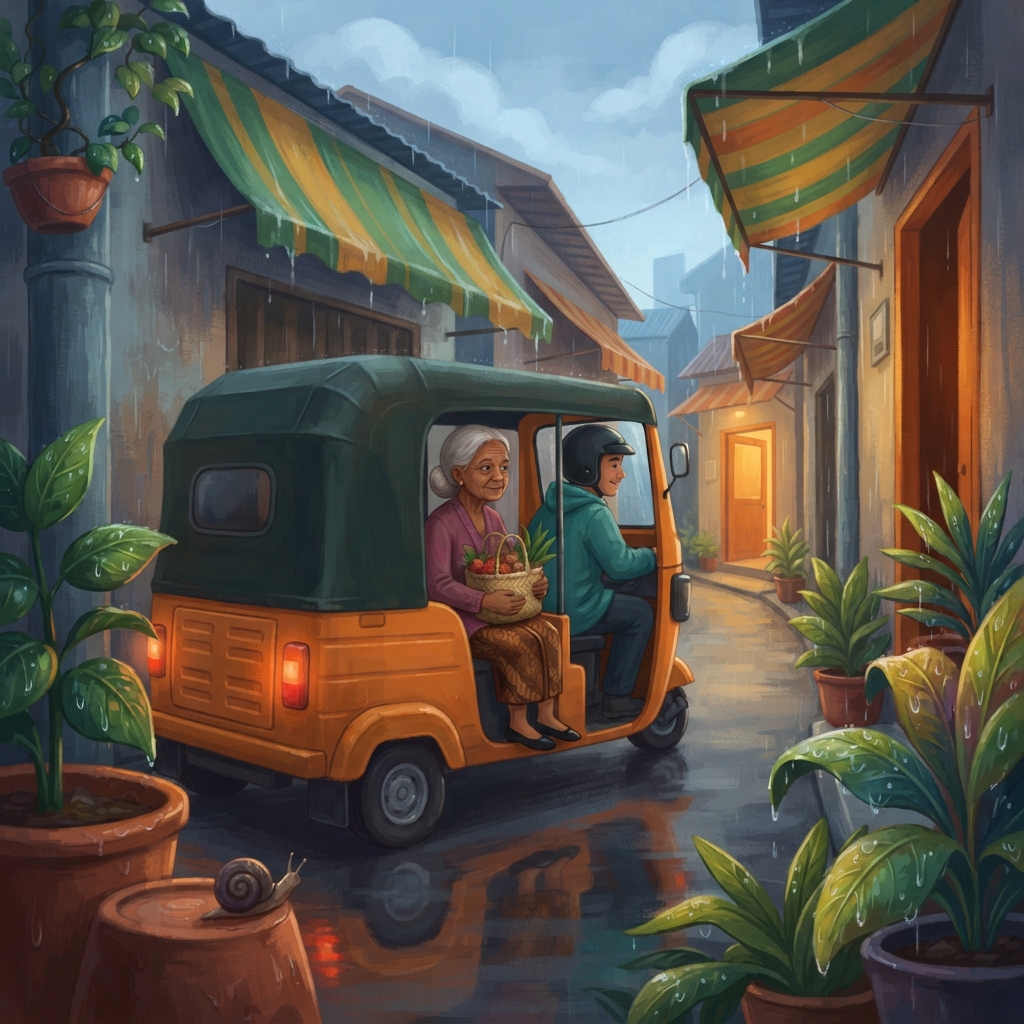 Hujan mulai pelan. Bajaj masuk ke gang rumah Nenek. Daun-daun dalam pot tampak mengilap. Dari ujung gang, lampu rumah bersinar kuning. Nenek tersenyum. Sudah dekat.