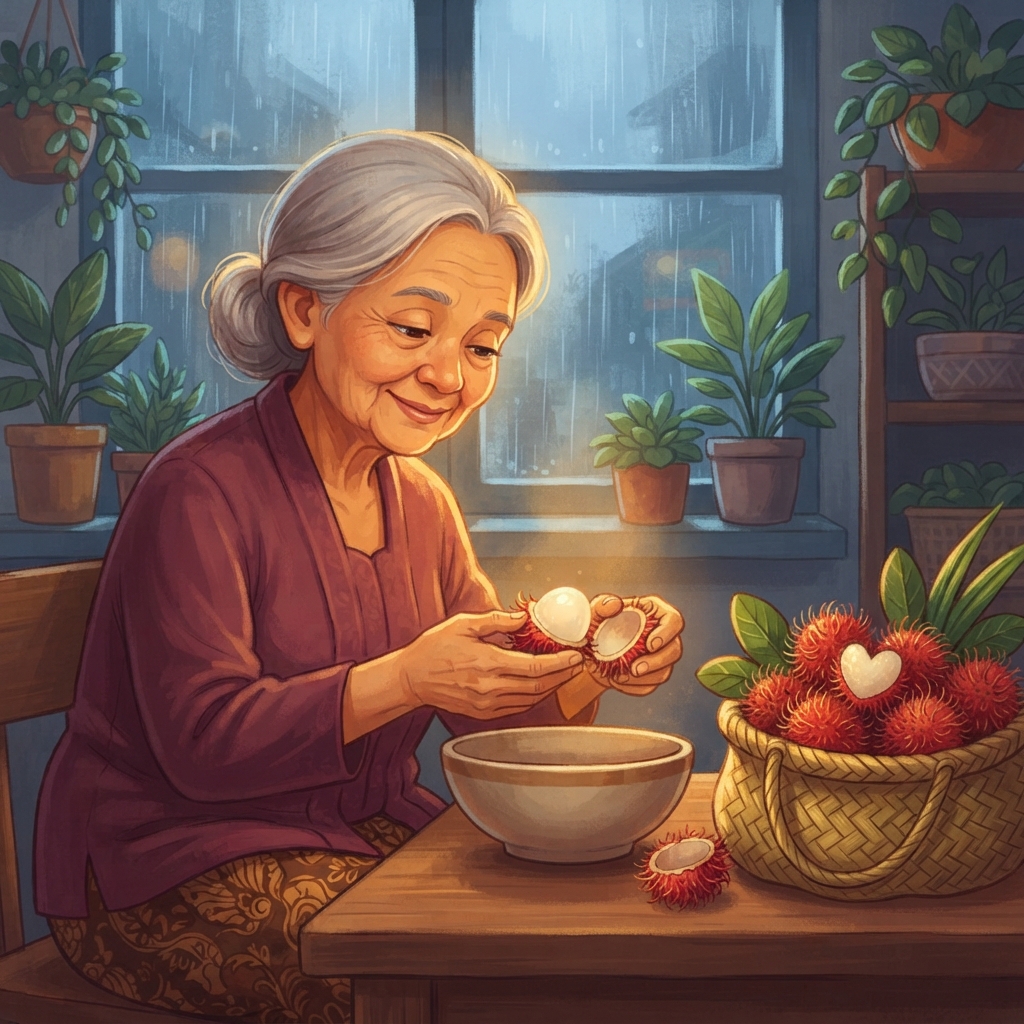 Bajaj berhenti di depan rumah. Nenek turun setelah pengemudi membukakan jalan, lalu membawa tasnya masuk. Di meja, rambutan merah bertumpuk seperti bola-bola berbulu. Nenek mengupa