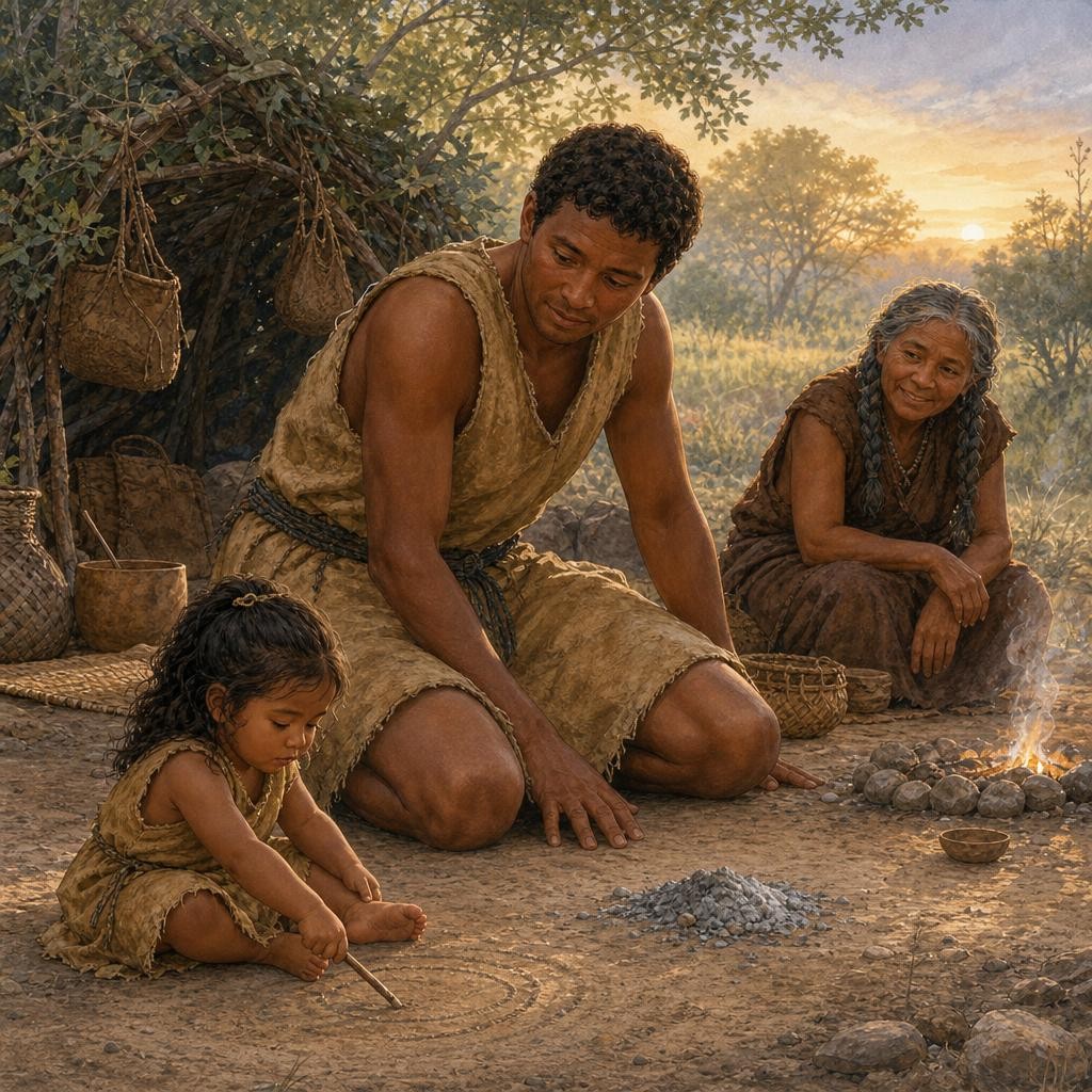 When Nara sat up with a grumble, Mother pulled her close. Sometimes Nara still drank her mother's milk; she also ate soft pieces of the food everyone shared. Father smoothed her ha