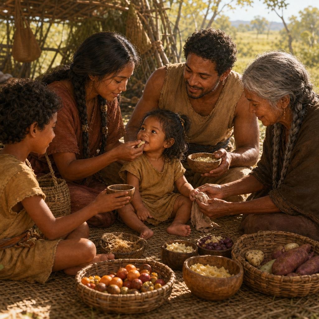 By sunrise, a woven mat held soft roasted root, ripe fruit chosen by adults, seed mash, and small tender pieces from the evening meal. In another landscape the foods would have bee