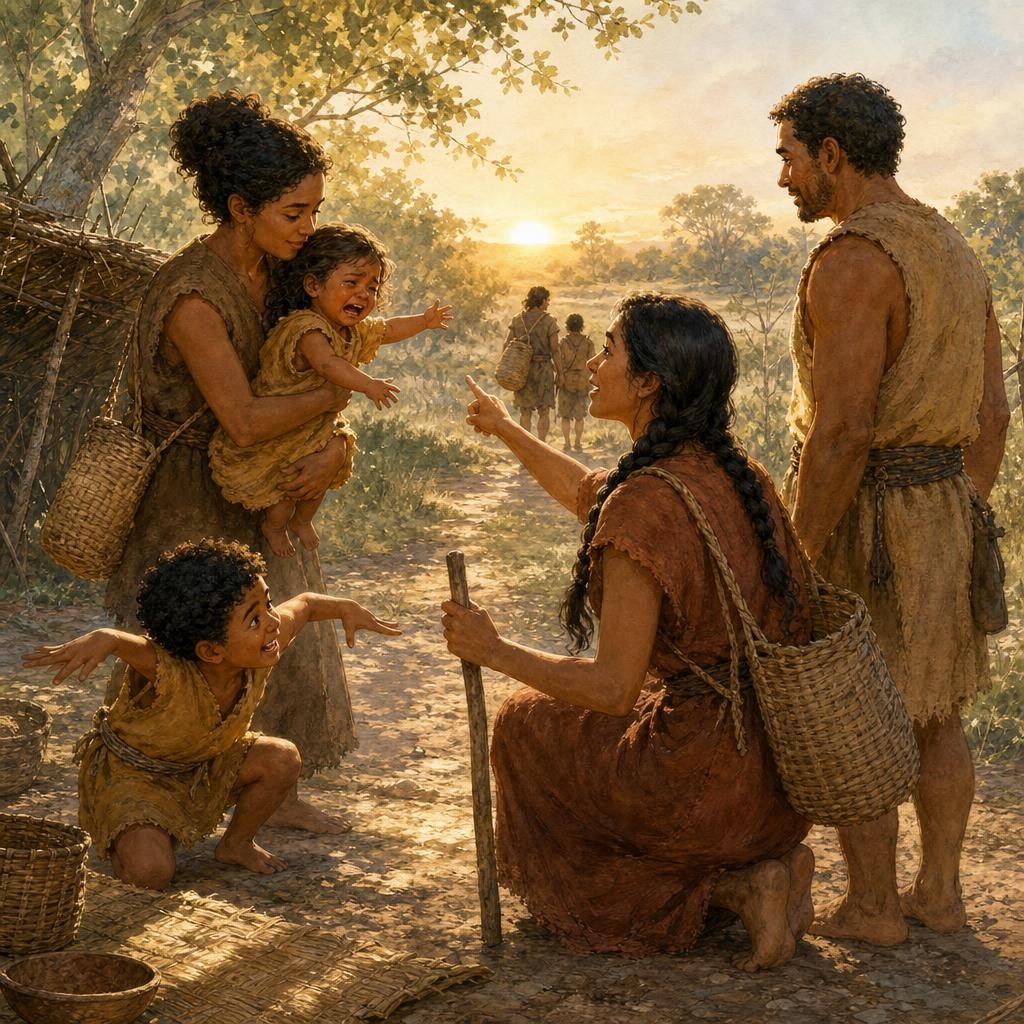 After breakfast, Mother tied on a woven carrying bag and joined other skilled adults who would collect foods they knew well. On a short, easy day, Nara might go too. Toddlers learn