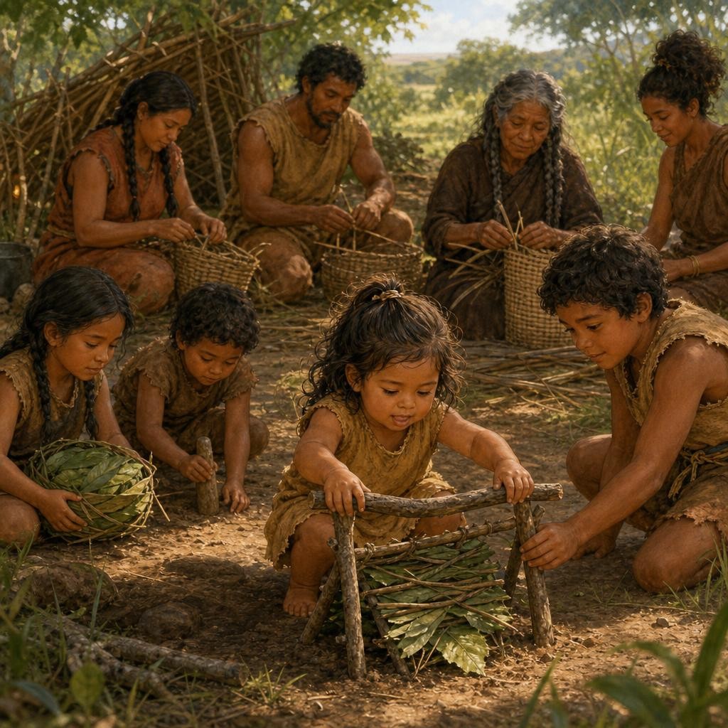 When Nara's tears slowed, Aunt set her near a loose group of children. Adults worked within sight and hearing, but no one planned every minute of play. One child tucked a bundle of
