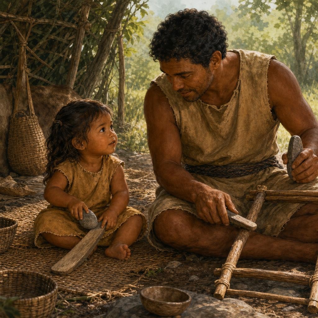 Near midday, Father repaired a wooden carrying frame. Nara planted herself beside him. He did not hide every real tool forever; one day she would need to understand how work was do