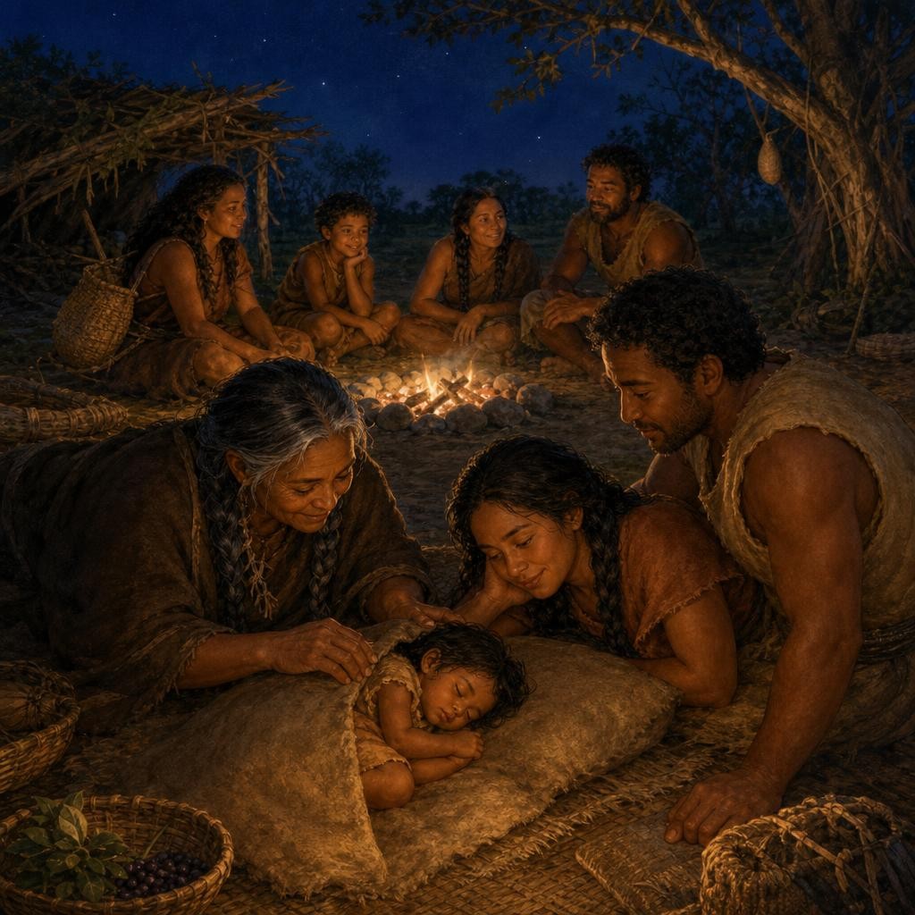 At dusk, people shared the day's food and news. Then Grandmother told a story about someone who ignored good advice, wandered beyond the familiar path, and had to be guided home. N