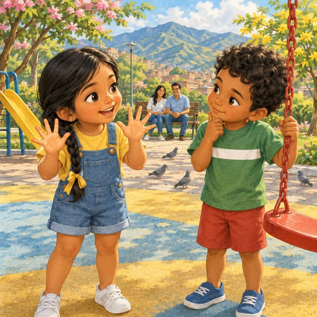 Entonces Sara se acordó de algo que hacían en el jardín infantil. —¿Y si contamos? —dijo—. Tú te columpias hasta diez y luego me toca a mí. Tomás lo pensó. Miró el columpio. Miró a