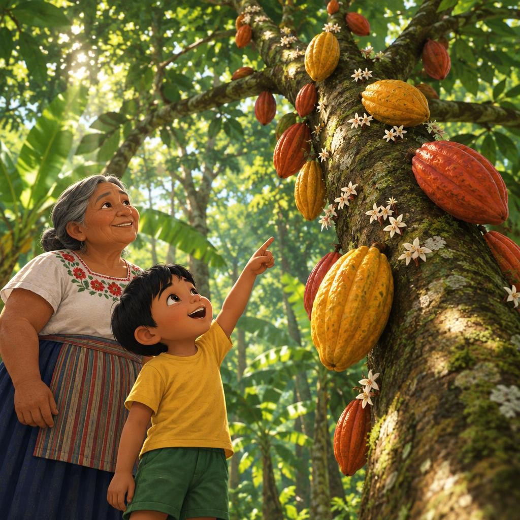 Detrás de la casa crece la huerta de cacao, a la sombra de árboles más altos. Este es el árbol de cacao. Mira bien: sus frutos no cuelgan de las ramitas, ¡crecen pegados al tronco!
