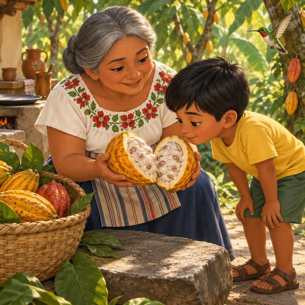 La abuela toma un fruto maduro y lo golpea contra una piedra. ¡Crac! Se abre en dos. Adentro hay una pulpa blanca, suave y dulce, y escondidas en ella, muchas semillas. Esas semill
