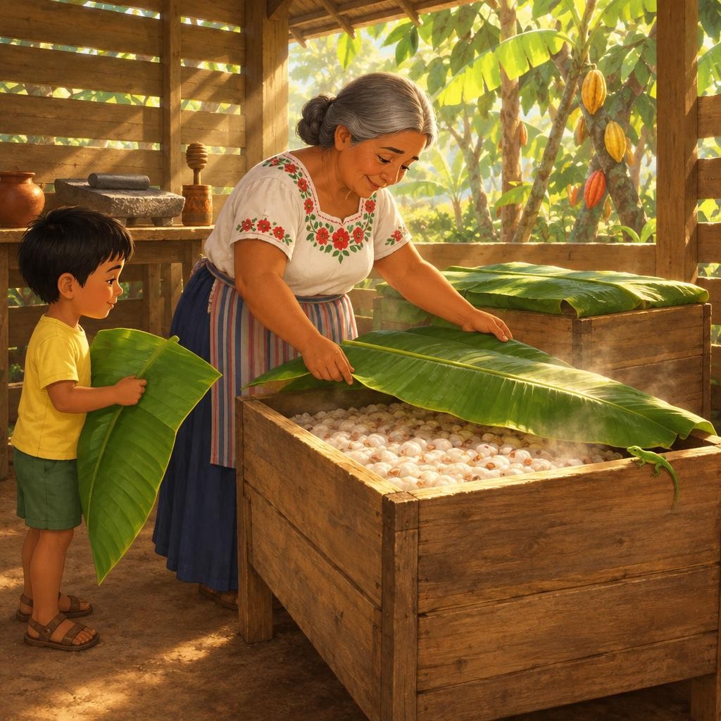 Recién sacadas, las semillas son muy amargas. Por eso la abuela las pone con su pulpa en un cajón de madera y las tapa con hojas de plátano. Ahí se quedan varios días y fermentan: